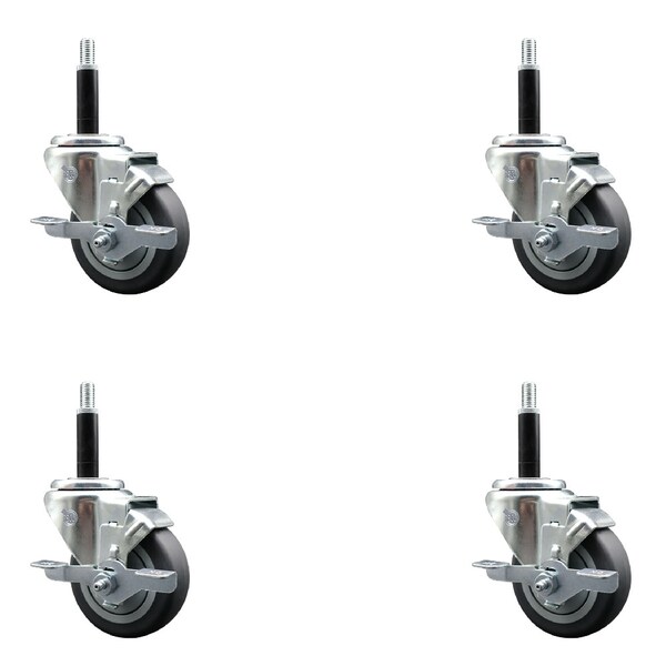 3.5'' SS Thermoplastic Rubber Swivel 3/4'' Expanding Stem Caster Set with Brake, 4PK